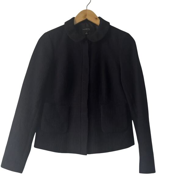 Talbots Blazer Womens 4 Black Tweed Full Zip Classic Business Peter Pan Collar - Picture 1 of 12